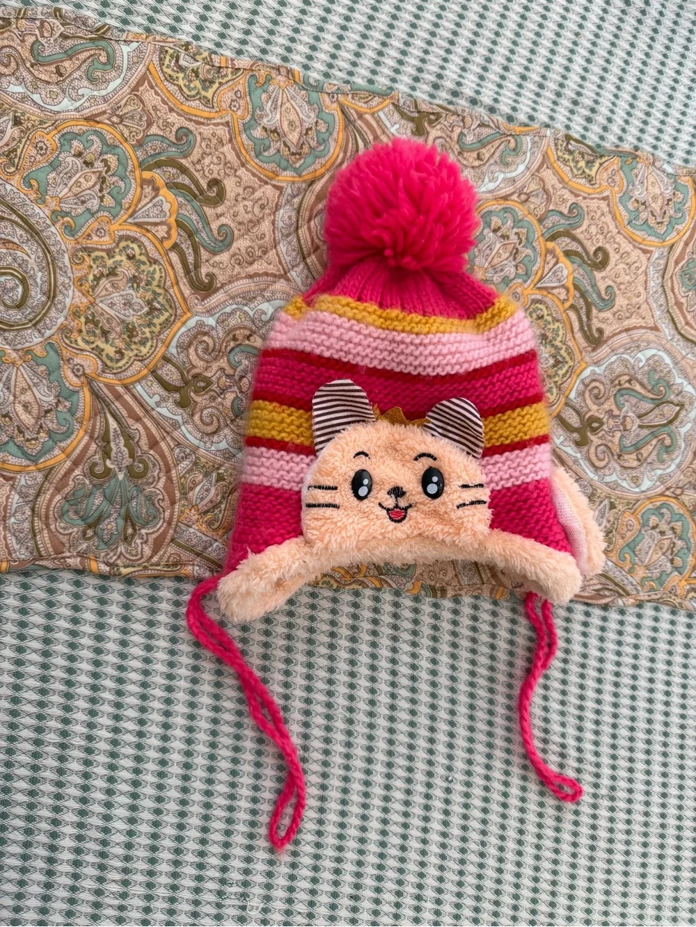 Girls' Crochet Winter Hat Pink Striped Cat Pom Pom Winter Hat Beanie